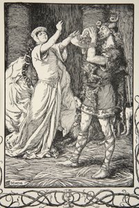 女王は彼に耐えるように泣いた、ベアトリス・クレイの「アーサー王と円卓の物語」第1版、1905年のイラスト 作： Dora Curtis